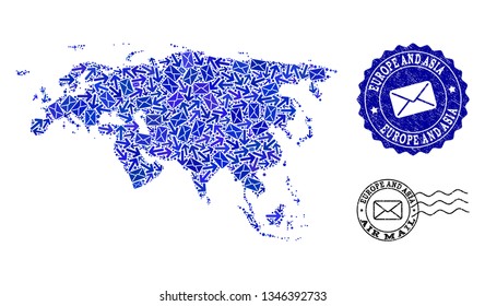 Mail combination of blue mosaic map of Europe and Asia and grunge stamps. Vector watermarks with distress rubber texture with Airmail slogan and envelope symbols.