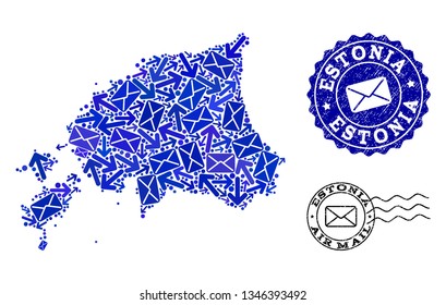 Mail combination of blue mosaic map of Estonia and scratched stamps. Vector seals with scratched rubber texture with Airmail slogan and envelope symbols. Flat design for letters traffic purposes.