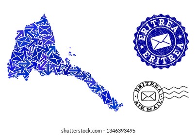 Mail combination of blue mosaic map of Eritrea and scratched seals. Vector seals with scratched rubber texture with Airmail caption and envelope symbols.