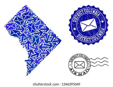 Mail combination of blue mosaic map of District Columbia and rubber stamp seals. Vector seals with corroded rubber texture with Airmail text and envelope symbols. Flat design for mail motion posters.