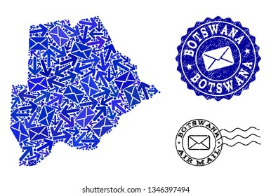 Mail combination of blue mosaic map of Botswana and rubber seals. Vector imprints with unclean rubber texture with Airmail caption and envelope symbols. Flat design for mail delivery templates.