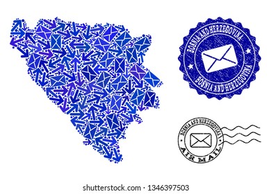 Mail combination of blue mosaic map of Bosnia and Herzegovina and corroded seals. Vector seals with corroded rubber texture with Airmail title and envelope symbols.