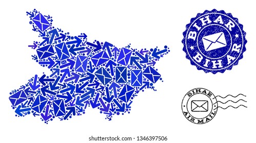 Mail combination of blue mosaic map of Bihar State and rubber stamps. Vector imprints with unclean rubber texture with Airmail slogan and envelope symbols. Flat design for mail movement purposes.