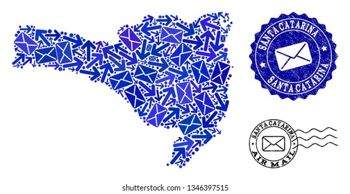 Mail combination of blue mosaic map of Santa Catarina State and unclean stamps. Vector watermarks with unclean rubber texture with Airmail text and envelope symbols.