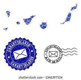 Mail combination of blue mosaic map of Canary Islands and dirty seals. Vector seals with distress rubber texture with Airmail text and envelope symbols. Flat design for mail delivery purposes.