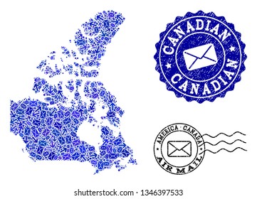 Mail combination of blue mosaic map of Canada and scratched stamp seals. Vector watermarks with distress rubber texture with Airmail caption and envelope symbols.