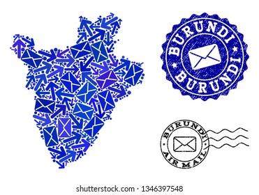 Mail combination of blue mosaic map of Burundi and scratched stamps. Vector imprints with scratched rubber texture with Airmail text and envelope symbols. Flat design for mail ways illustrations.