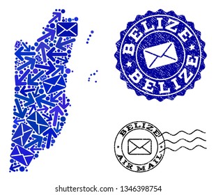 Mail combination of blue mosaic map of Belize and grunge stamps. Vector watermarks with grunge rubber texture with Airmail text and envelope symbols. Flat design for mail ways templates.