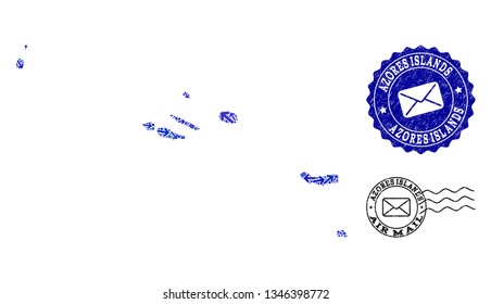 Mail combination of blue mosaic map of Azores Islands and rubber stamps. Vector seals with scratched rubber texture with Airmail text and envelope symbols. Flat design for mail delivery posters.