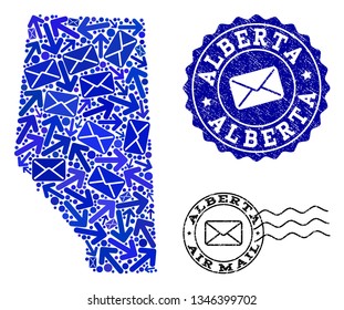 Mail combination of blue mosaic map of Alberta Province and rubber seals. Vector seals with scratched rubber texture with Airmail slogan and envelope symbols. Flat design for letters routes posters.