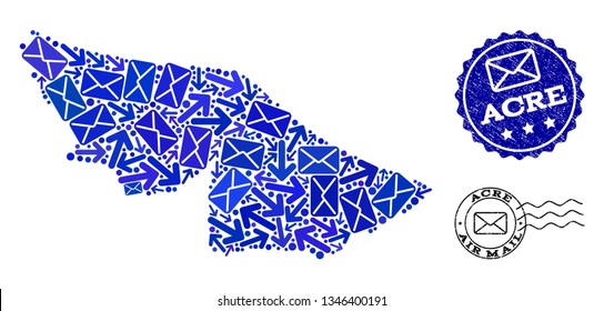 Mail combination of blue mosaic map of Acre State and rubber seals. Vector seals with grunge rubber texture with Airmail slogan and envelope symbols. Flat design for mail routes purposes.