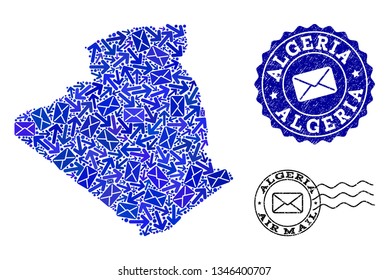 Mail combination of blue mosaic map of Algeria and corroded stamp seals. Vector seals with unclean rubber texture with Airmail slogan and envelope symbols. Flat design for mail motion illustrations.