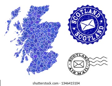 Mail combination of blue mosaic map of Scotland and rubber stamps. Vector imprints with scratched rubber texture with Airmail text and envelope symbols. Flat design for mail motion templates.