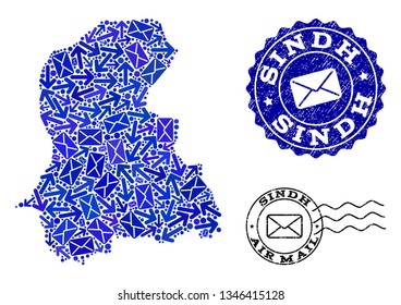 Mail combination of blue mosaic map of Sindh Province and grunge stamps. Vector imprints with grunge rubber texture with Airmail title and envelope symbols. Flat design for mail delivery purposes.