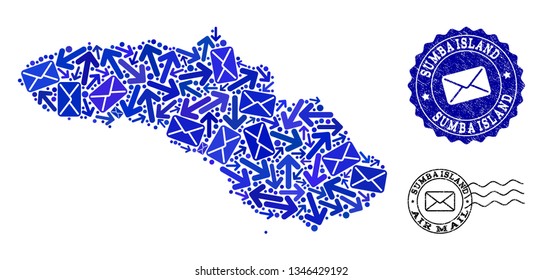 Mail combination of blue mosaic map of Sumba Island and grunge stamp seals. Vector seals with grunge rubber texture with Airmail title and envelope symbols. Flat design for letters traffic purposes.