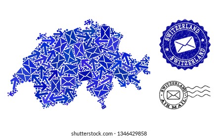 Mail combination of blue mosaic map of Switzerland and dirty stamp seals. Vector seals with scratched rubber texture with Airmail caption and envelope symbols.