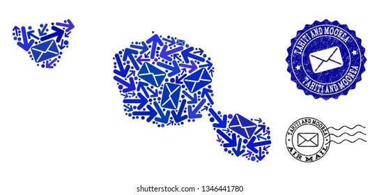 Mail combination of blue mosaic map of Tahiti and Moorea islands and corroded stamp seals. Vector seals with scratched rubber texture with Airmail text and envelope symbols.