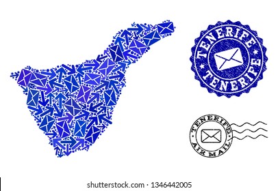 Mail combination of blue mosaic map of Tenerife Island and grunge stamp seals. Vector seals with unclean rubber texture with Airmail slogan and envelope symbols.