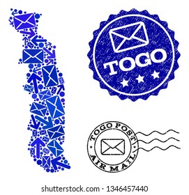 Mail combination of blue mosaic map of Togo and scratched stamps. Vector watermarks with scratched rubber texture with Airmail caption and envelope symbols. Flat design for mail movement posters.