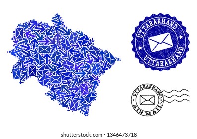 Mail combination of blue mosaic map of Uttarakhand State and rubber stamp seals. Vector seals with grunge rubber texture with Airmail caption and envelope symbols. Flat design for mail motion posters.