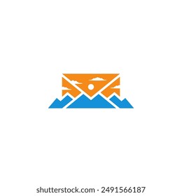 Combinación de correo con diseño de logotipo de paisaje de montaña.