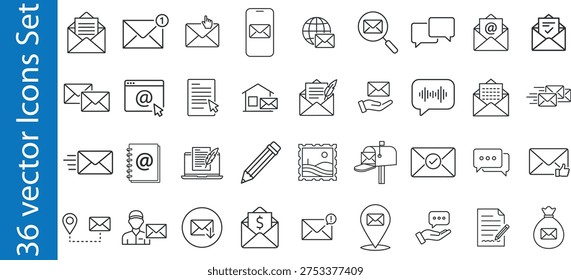 Mail communication line icons set. Collection of email service line icons, containing inbox, message, newsletter, correspondence, delivery, notification, postal mail and more.