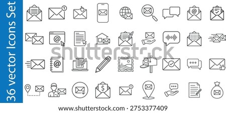 Mail communication line icons set. Collection of email service line icons, containing inbox, message, newsletter, correspondence, delivery, notification, postal mail and more.