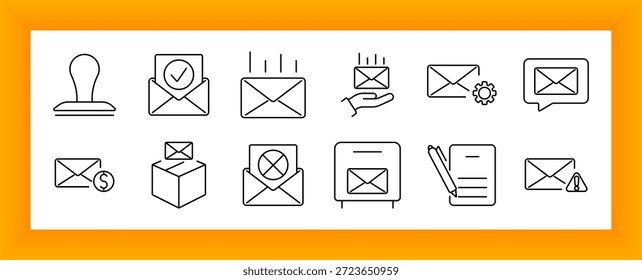 Mail and communication set icon. Stamp, envelope, mailboxes, letter, warning message, settings, delivery hand, box in outlined messaging layout.