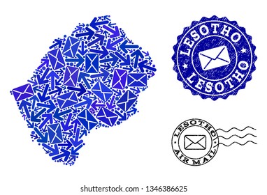 Mail composition of blue mosaic map of Lesotho and corroded stamps. Vector seals with distress rubber texture with Airmail title and envelope symbols. Flat design for mail traffic illustrations.