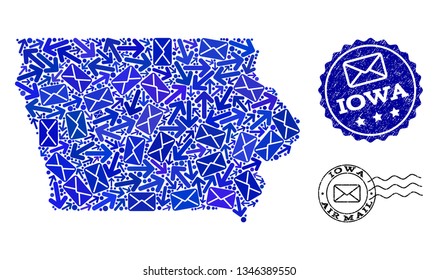 Mail composition of blue mosaic map of Iowa State and rubber stamp seals. Vector seals with grunge rubber texture with Airmail slogan and envelope symbols.