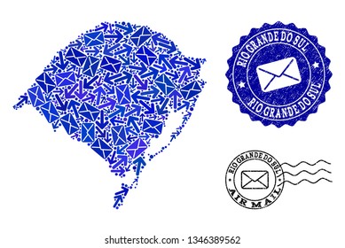 Mail composition of blue mosaic map of Rio Grande do Sul State and rubber stamp seals. Vector seals with scratched rubber texture with Airmail slogan and envelope symbols.