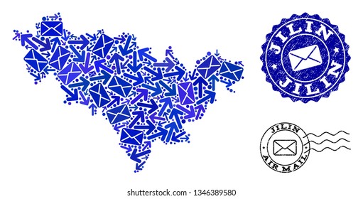 Mail composition of blue mosaic map of Jilin Province and dirty stamp seals. Vector seals with corroded rubber texture with Airmail slogan and envelope symbols. Flat design for mail routes purposes.