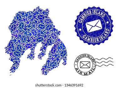Mail composition of blue mosaic map of Gambier Island and scratched seals. Vector seals with scratched rubber texture with Airmail title and envelope symbols.