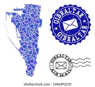 Mail composition of blue mosaic map of Gibraltar and scratched stamp seals. Vector seals with scratched rubber texture with Airmail text and envelope symbols.