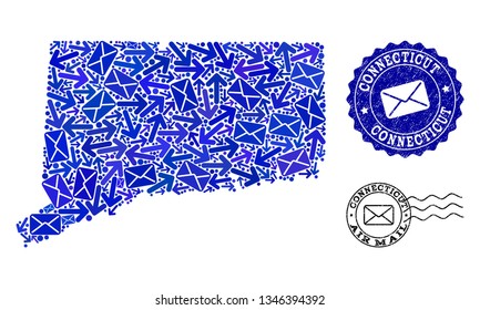 Mail composition of blue mosaic map of Connecticut State and grunge stamp seals. Vector seals with grunge rubber texture with Airmail slogan and envelope symbols.