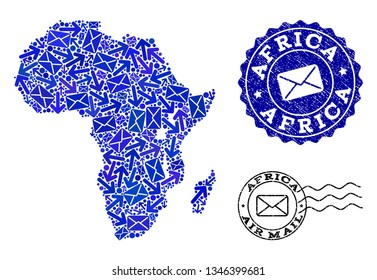 Mail composition of blue mosaic map of Africa and rubber stamp seals. Vector seals with corroded rubber texture with Airmail slogan and envelope symbols.
