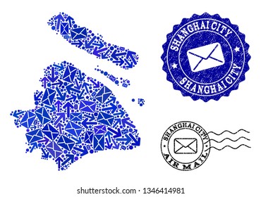 Mail composition of blue mosaic map of Shanghai Municipality and rubber seals. Vector seals with scratched rubber texture with Airmail caption and envelope symbols.