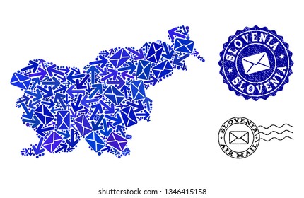 Mail composition of blue mosaic map of Slovenia and textured seals. Vector seals with scratched rubber texture with Airmail title and envelope symbols. Flat design for mail motion illustrations.