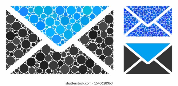 Mail composition of circle elements in different sizes and color hues, based on mail icon. Vector circle elements are combined into blue collage. Dotted mail icon in usual and blue versions.