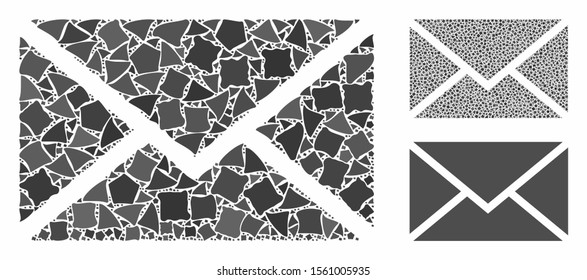 Mail composition of raggy elements in variable sizes and shades, based on mail icon. Vector raggy elements are composed into collage. Mail icons collage with dotted pattern.