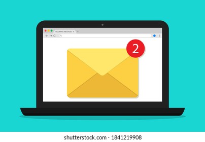Mail in computer. Email window in laptop screen. Newsletter with alert. Icon of message and notification. Receive new document in online. Digital electronic envelope for marketing. PC desktop. Vector.