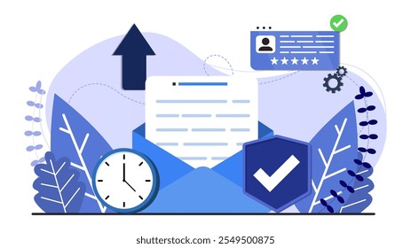 Mail concept background webpage template. Accepting shield with user page and mail. Design for wallpaper, web, background, banner. Flat cartoon design. 