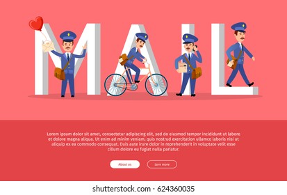 Mail conceptual web banner with cartoon postman characters. Funny postal couriers delivering letters and parcels flat vector illustration. Horizontal concept with mailman for post service landing page