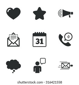 Mail, contact icons. Favorite, like and calendar signs. E-mail, chat message and phone call symbols. Flat icons on white. Vector