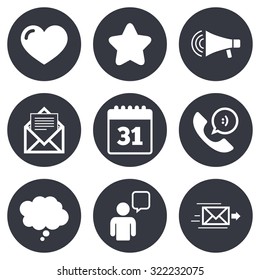 Mail, contact icons. Favorite, like and calendar signs. E-mail, chat message and phone call symbols. Gray flat circle buttons. Vector