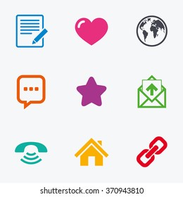 Mail, contact icons. Favorite, like and internet signs. E-mail, chat message and phone call symbols. Flat colored graphic icons.