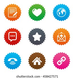 Mail, contact icons. Favorite, like and internet signs. E-mail, chat message and phone call symbols. Stars label button with flat icons. Vector