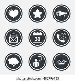 Mail, contact icons. Favorite, like and calendar signs. E-mail, chat message and phone call symbols. Circle flat buttons with icons and border. Vector