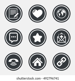 Mail, contact icons. Favorite, like and internet signs. E-mail, chat message and phone call symbols. Circle flat buttons with icons and border. Vector