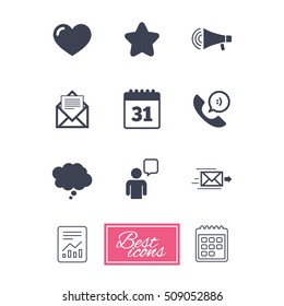 Mail, contact icons. Favorite, like and calendar signs. E-mail, chat message and phone call symbols. Report document, calendar icons. Vector